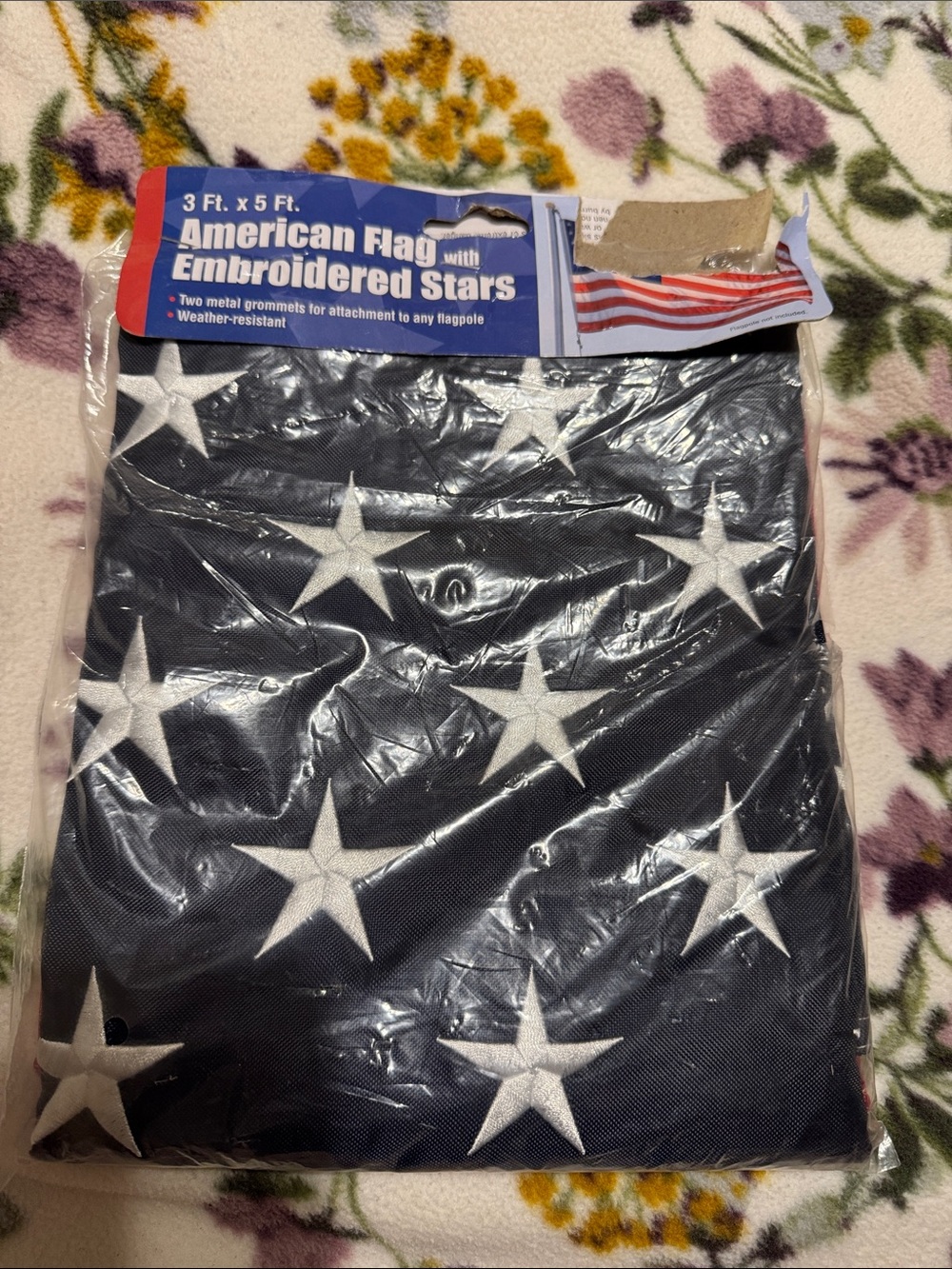 American Flag with Embroidered Stars - 3x5 ft - Blue & White